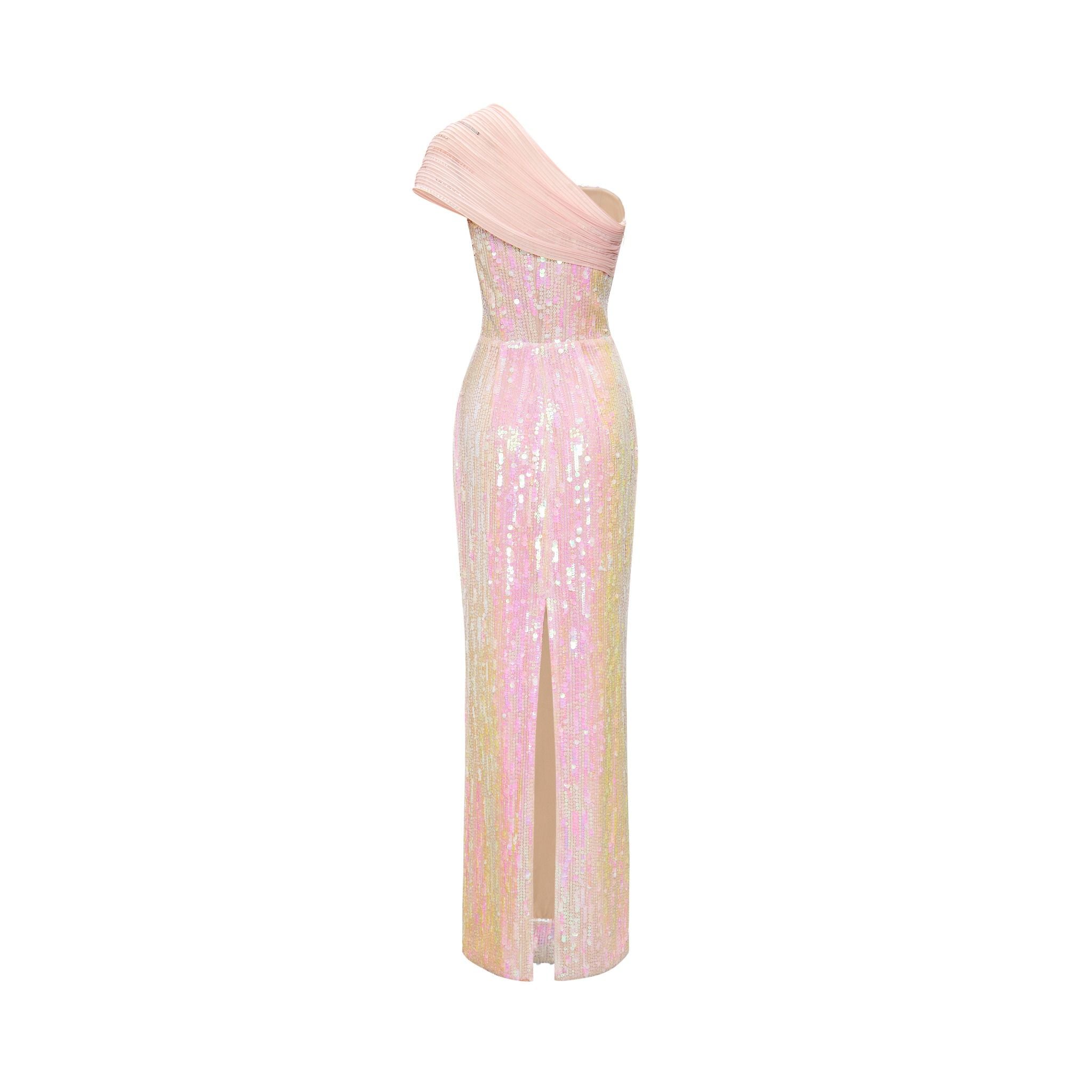  Astrelle Pink Sequin One-Shoulder Dress with Bow Detail 