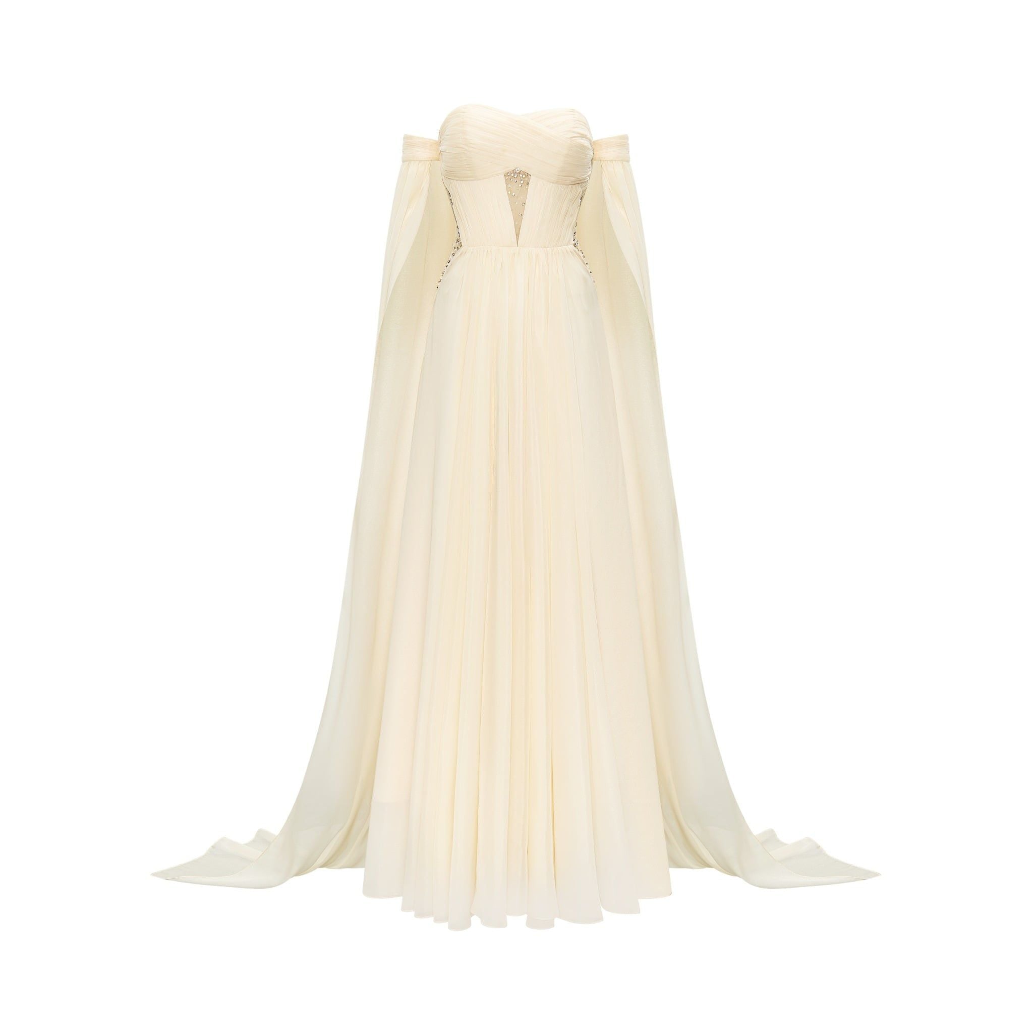  Glacyn Off-Shoulder Tulle Gown with Detachable Cape Sleeves 