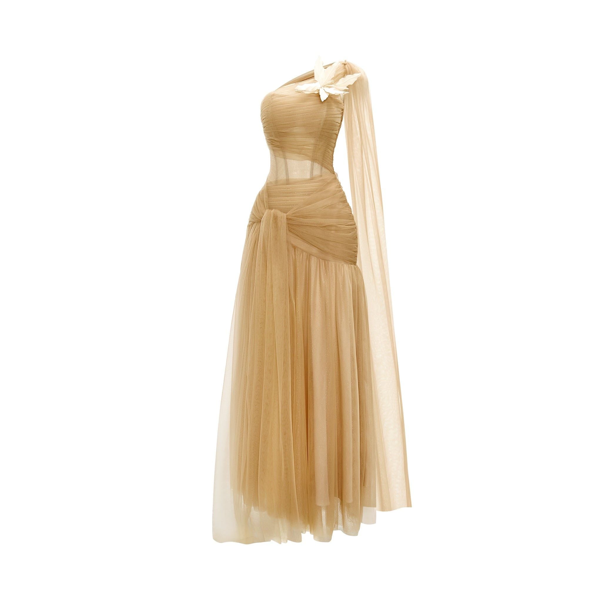  Frosella Bronze Brown Tulle One-Shoulder Dress 