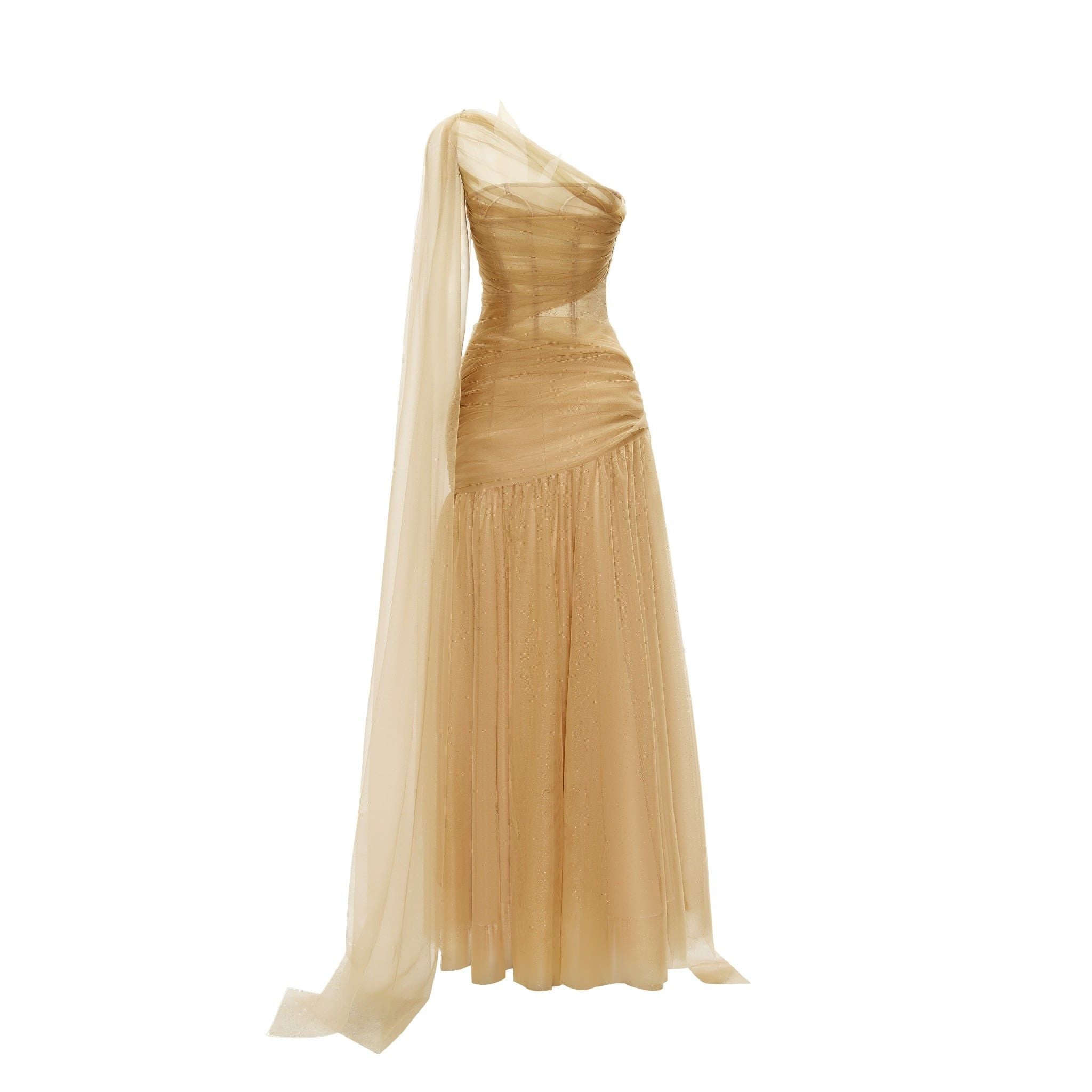  Frosella Bronze Brown Tulle One-Shoulder Dress 