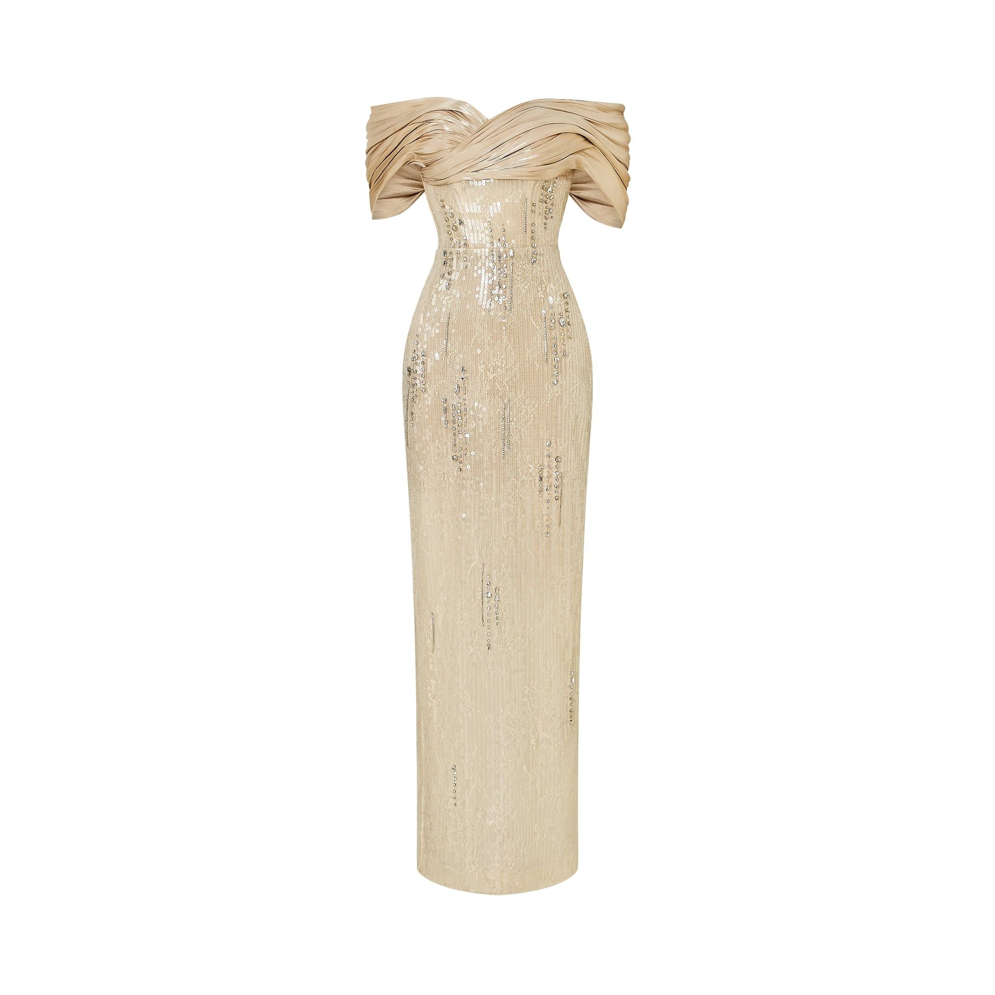  Zelia Sequin Draped Off-Shoulder Dress 
