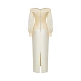  Nythera Cream Gold Off Shoulder Draping Dress 