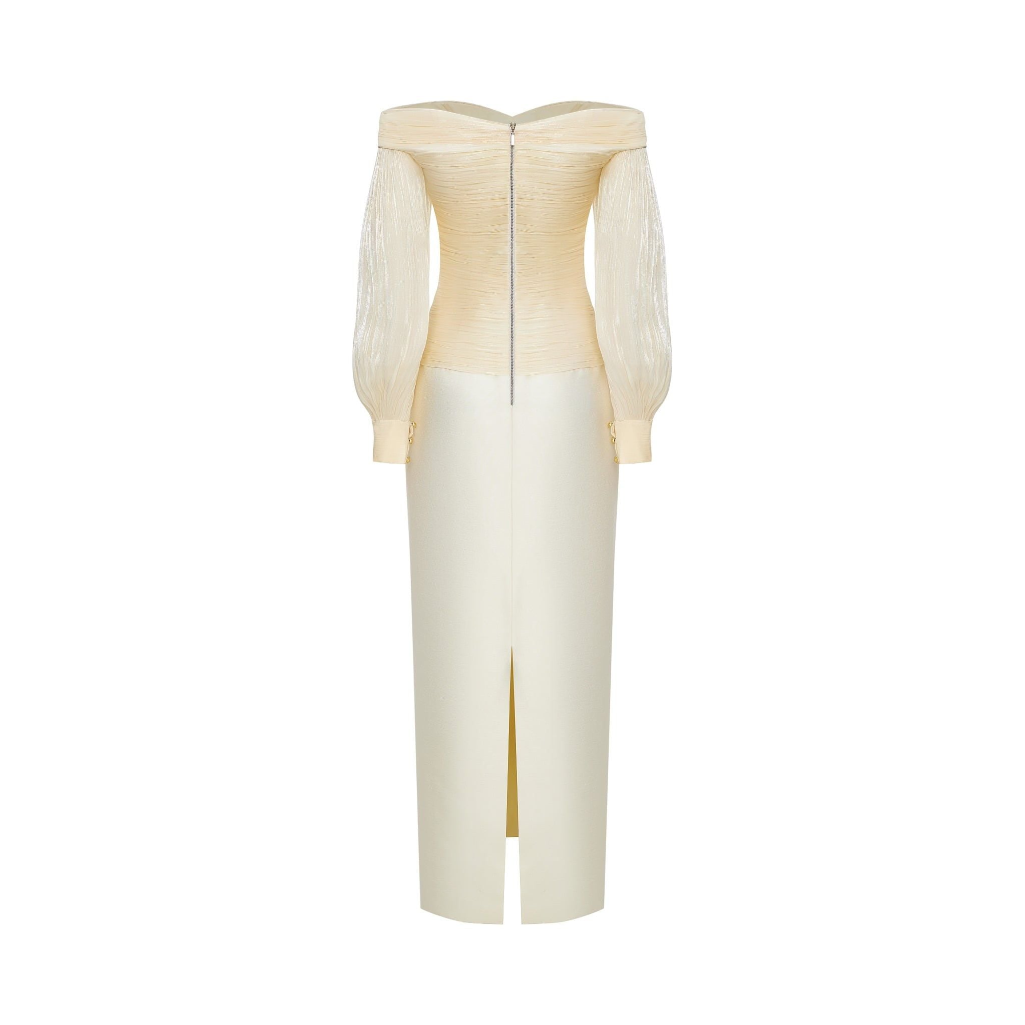  Nythera Cream Gold Off Shoulder Draping Dress 