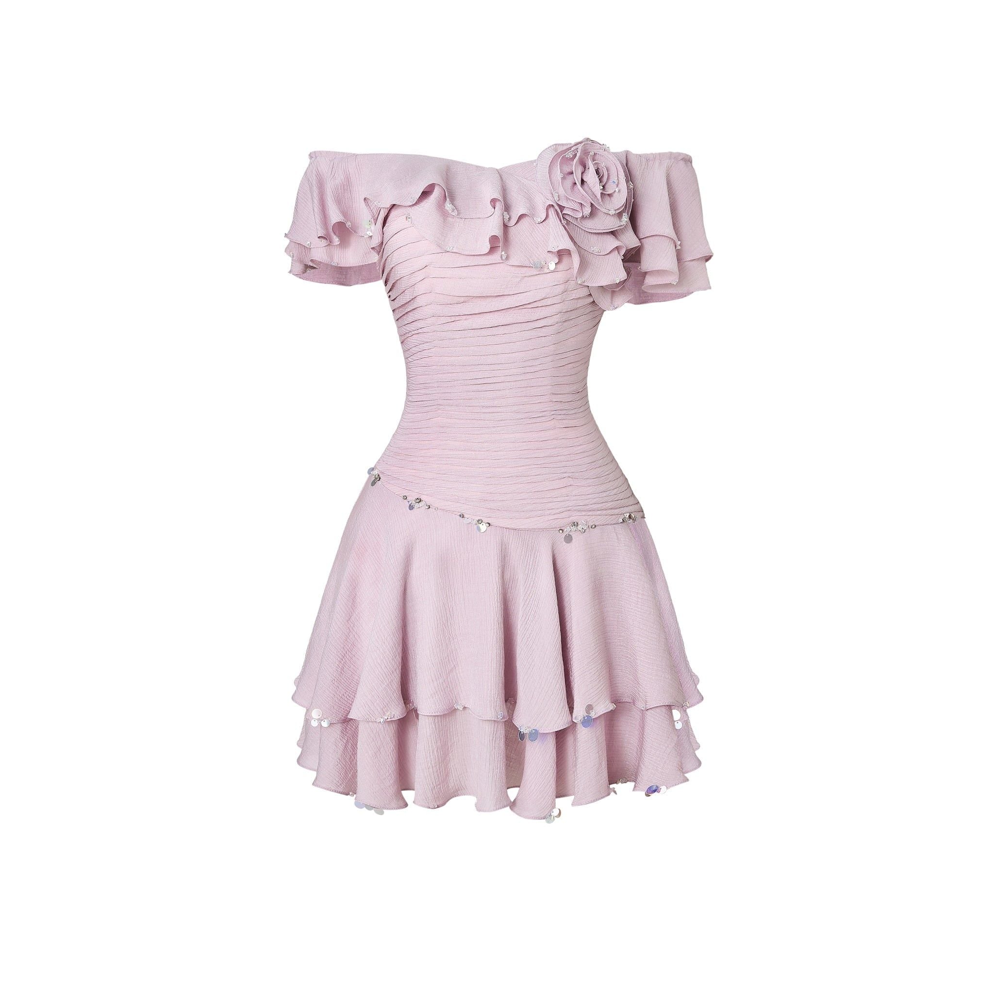  Chérie Lilac Crinkle Silk Off-Shoulder Mini Dress 