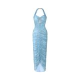  Alyssa Blue Pastel Chantilly Lace Ruched Midi Dress 