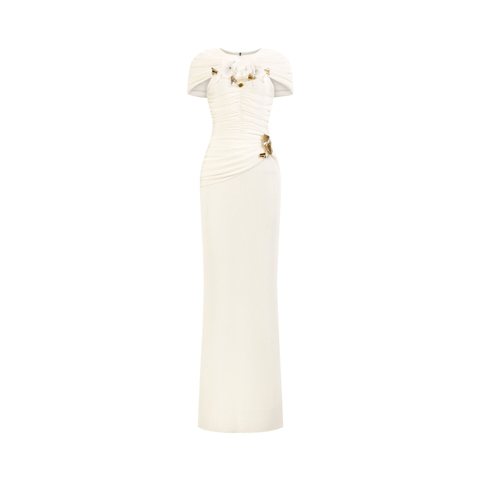  IVELLE Draped Shoulder Column Maxi Dress 