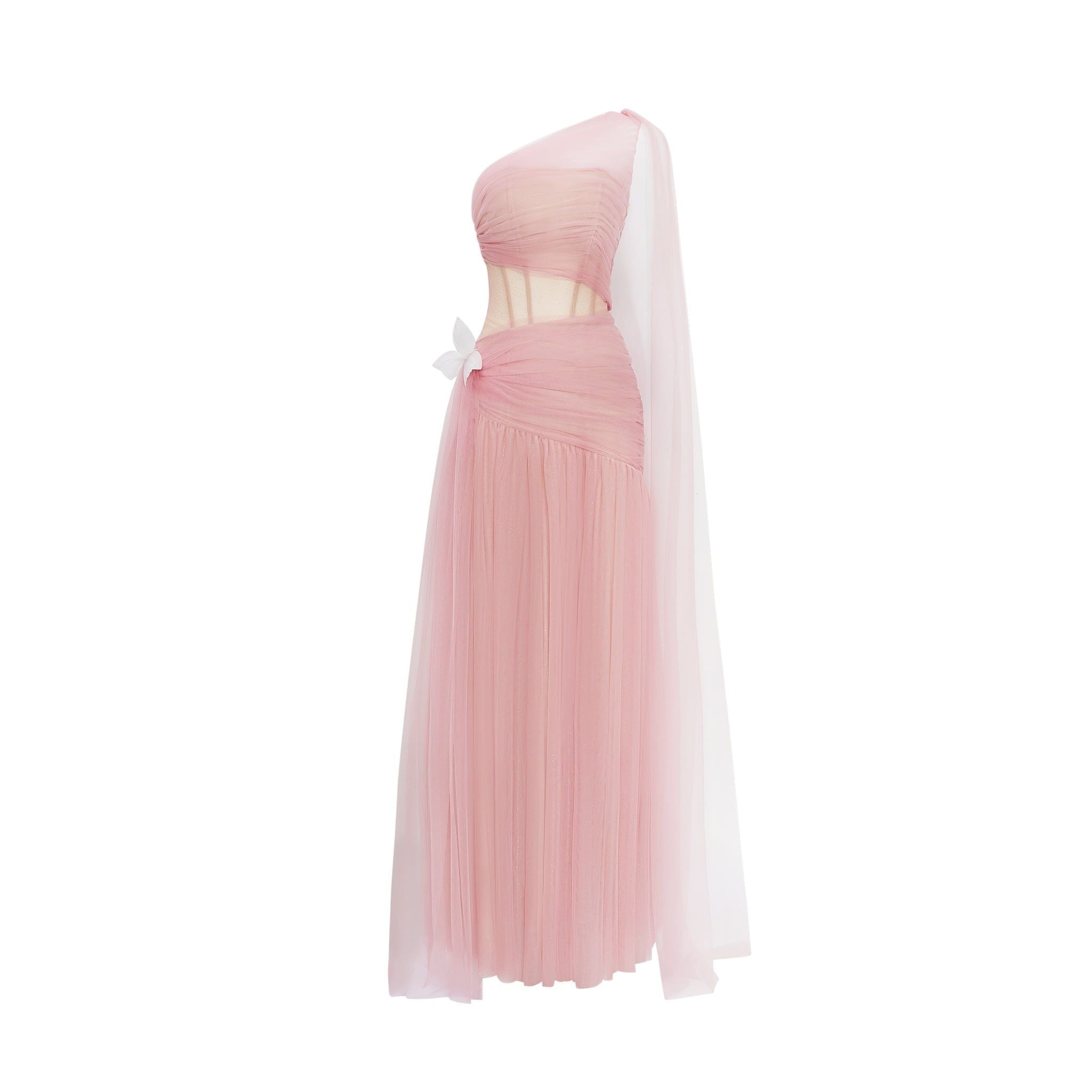  Frosella Pink Tulle One-Shoulder Gown with Detachable Train 