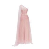  Frosella Pink Tulle One-Shoulder Gown with Detachable Train 