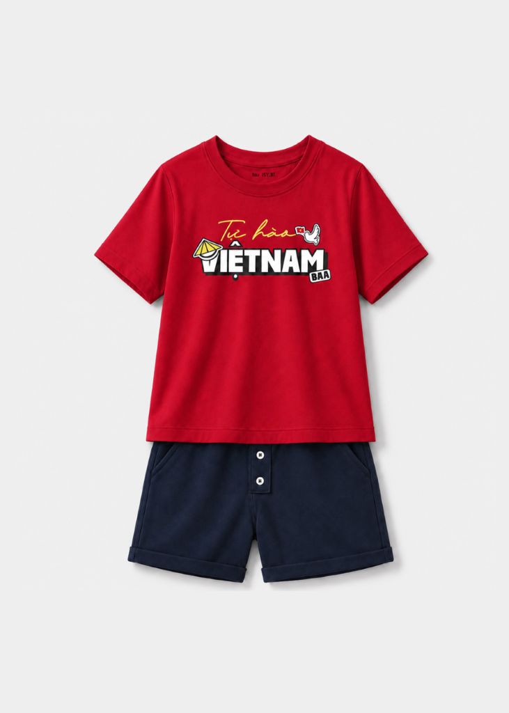 Bộ Áo Thun Form Rộng Và Quần Short Da Cá Bé Trai (Đỏ Tự Hào Việt Nam + Xanh Navy)