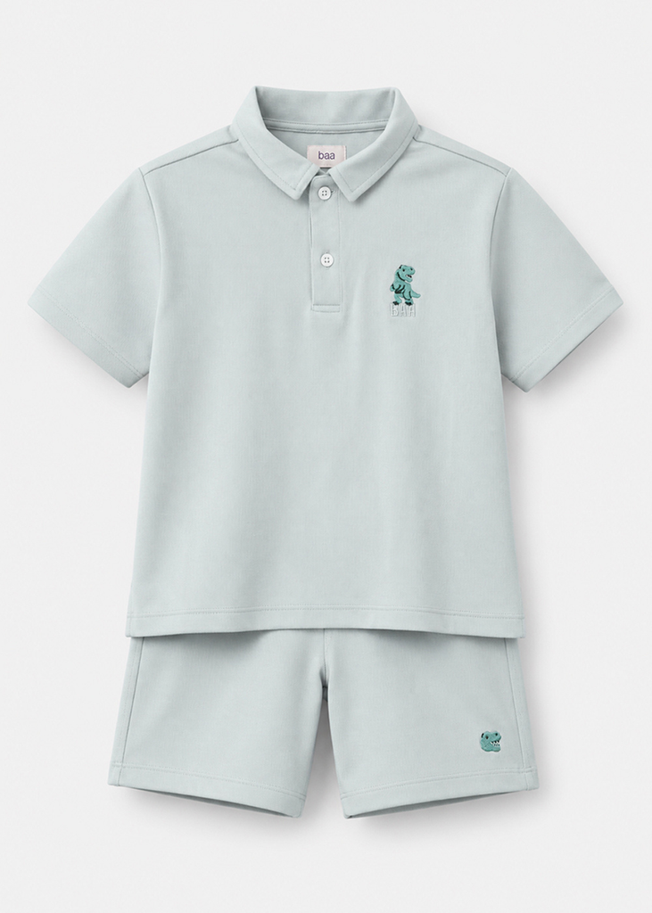 Set Polo Form Rộng Bé Trai Siêu Mát Ultra Cool Xám Nhạt Thêu Khủng Long