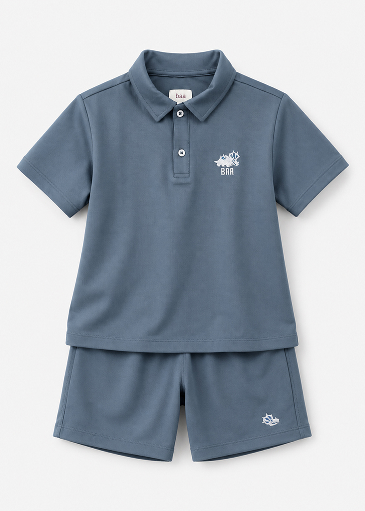 Set Polo Form Rộng Bé Trai Siêu Mát Ultra Cool Xanh Xám Thêu Khủng Long