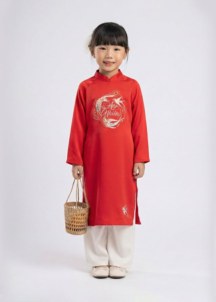 Set Áo Dài Thêu Cao Cấp Bé Gái Đỏ An Nhiên