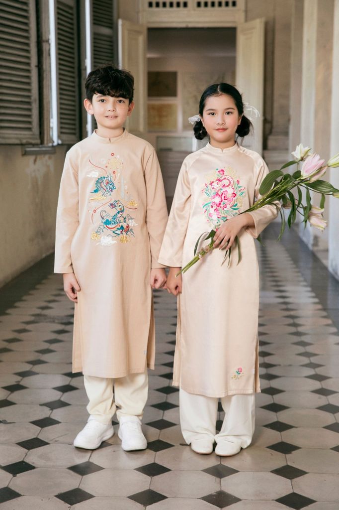 Rồng Rắn Lên Mây - Set Áo Dài Thêu Cao Cấp Bé Trai Be