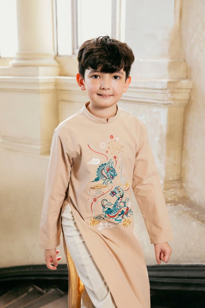 Rồng Rắn Lên Mây - Set Áo Dài Thêu Cao Cấp Bé Trai Be