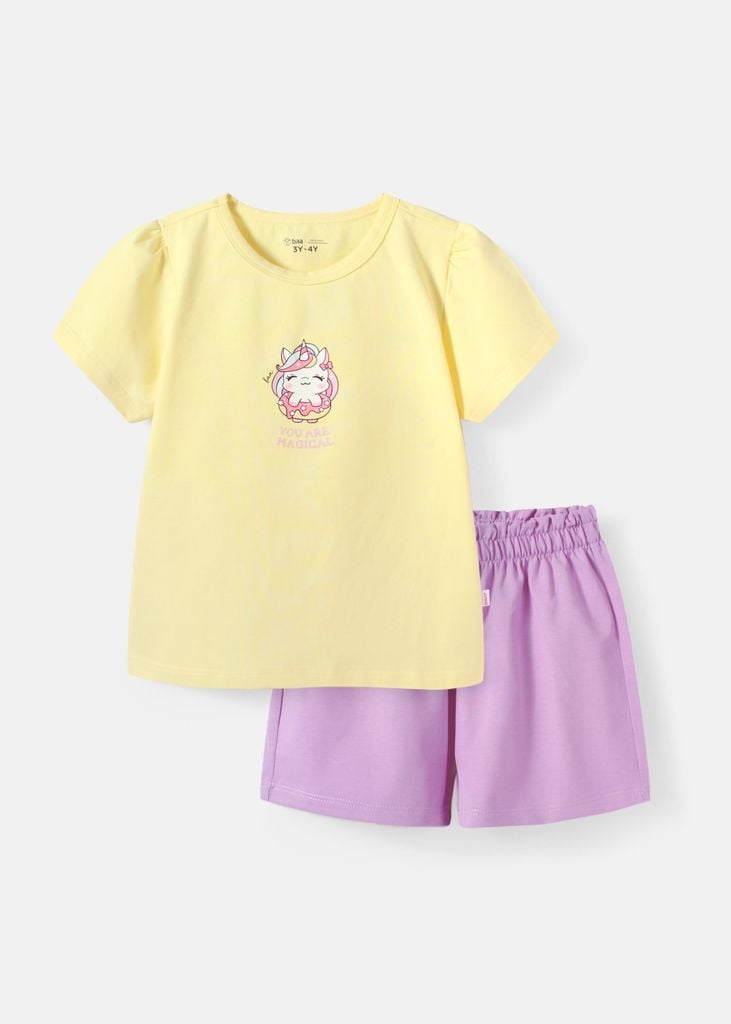 Đồ Bộ Ngắn Tay Bé Gái Vàng Unicorn Phối Tím
