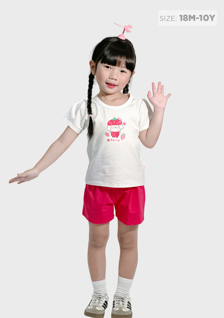 Đồ Bộ Ngắn Tay Bé Gái Trắng Berry Phối Hồng