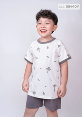 Đồ Bộ Ngắn Tay Bé Trai Trắng Hoạ Tiết Nhiệt Đới Phối Xám