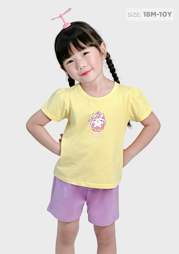 Đồ Bộ Ngắn Tay Bé Gái Vàng Unicorn Phối Tím