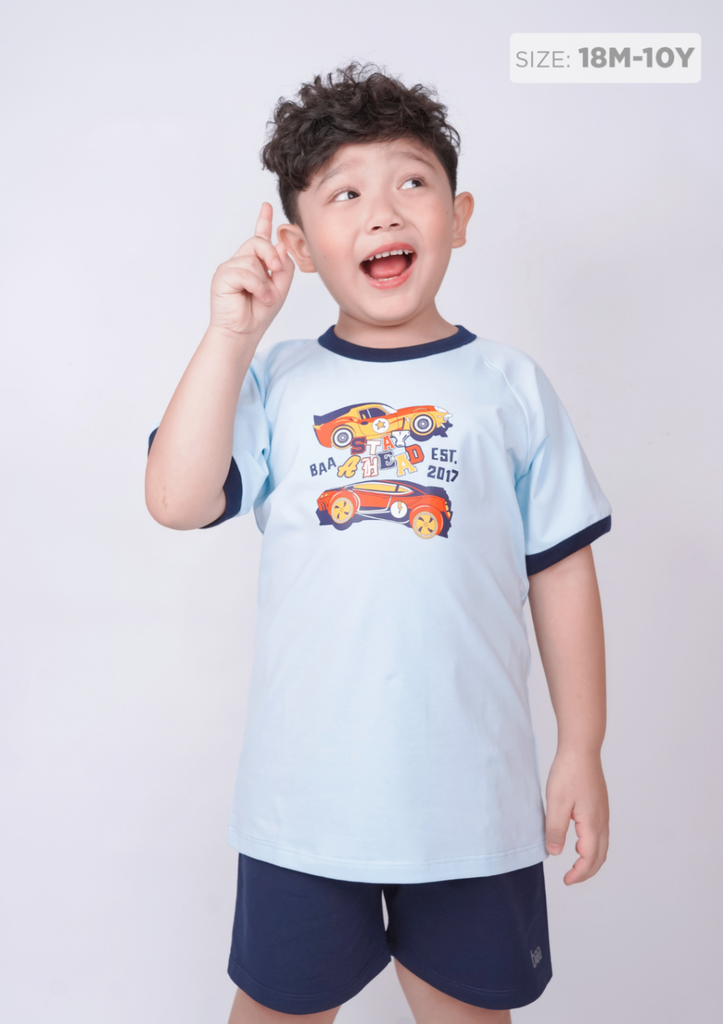 Đồ Bộ Ngắn Tay Bé Trai Xanh Biển Xe Đua Phối Xanh Đen