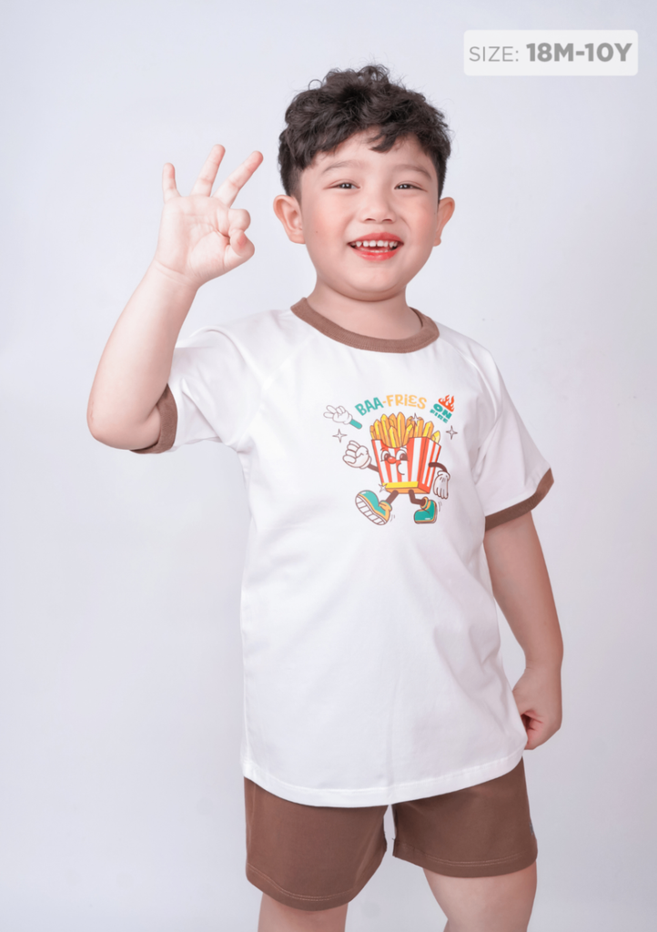Đồ Bộ Ngắn Tay Bé Trai Trắng Khoai Tây Chiên Phối Nâu