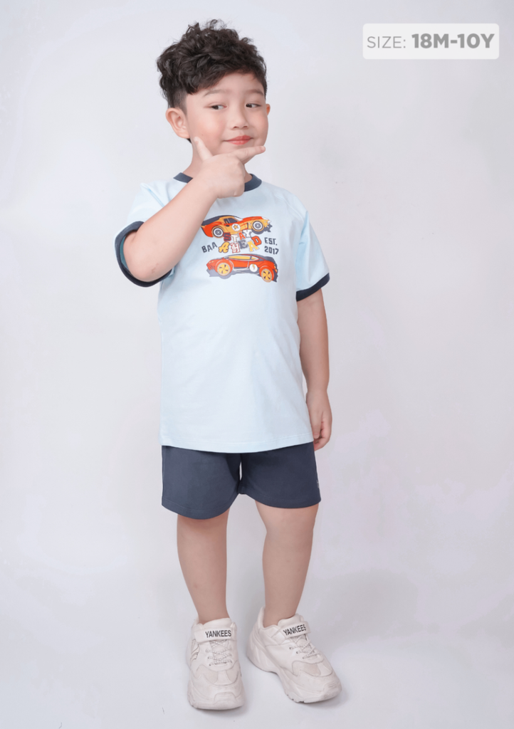 Đồ Bộ Ngắn Tay Bé Trai Xanh Biển Xe Đua Phối Xanh Đen
