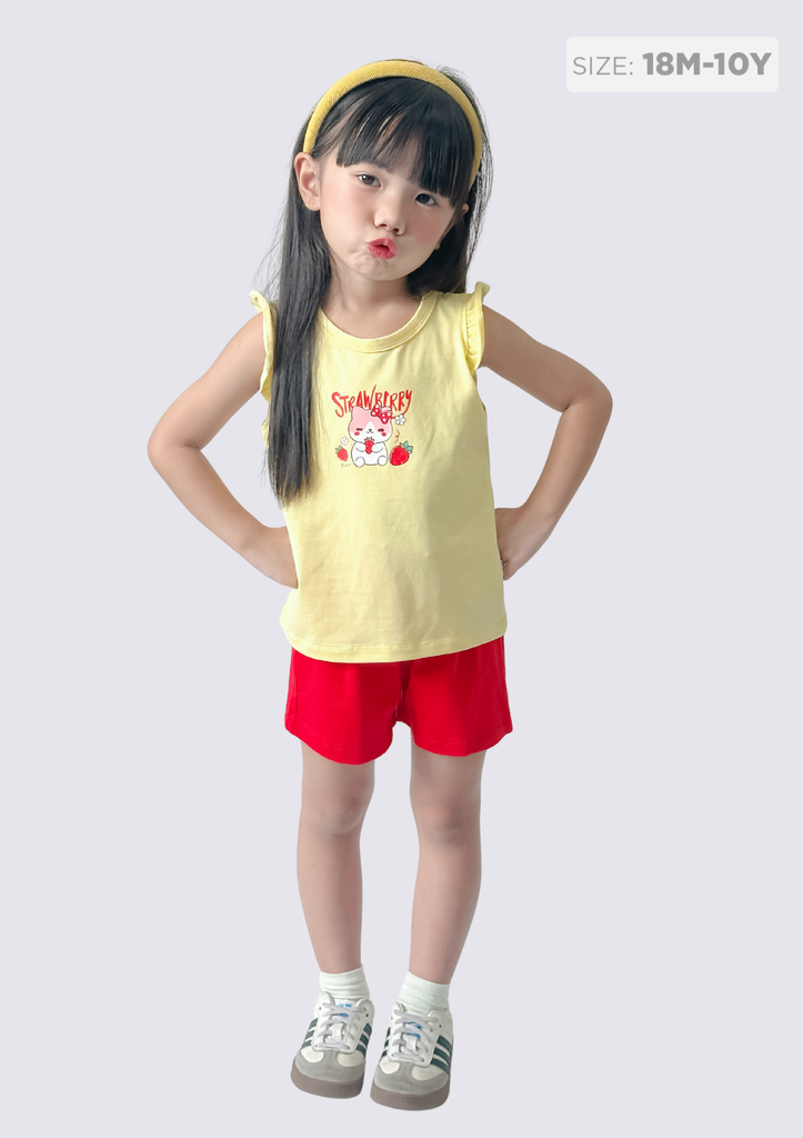 Đồ Bộ Cánh Tiên Bé Gái Vàng Strawberry Phối Đỏ