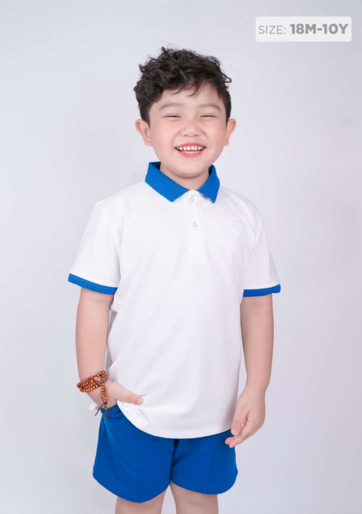 Set Polo Bé Trai Cổ Dệt Xanh Phối Trắng Thêu Logo