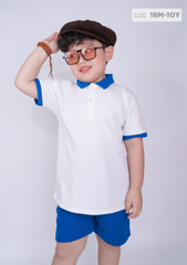 Set Polo Bé Trai Cổ Dệt Xanh Phối Trắng Thêu Logo