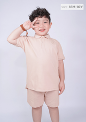 Set Polo Bé Trai Cổ Dệt Be Thêu Logo