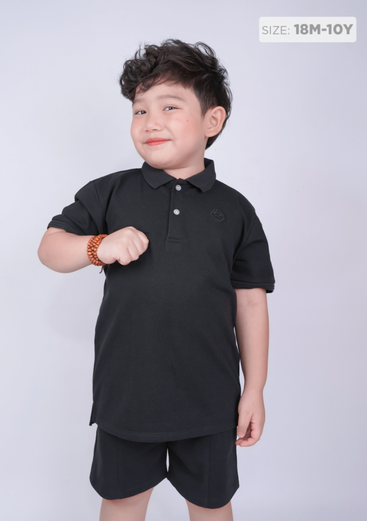 Set Polo Bé Trai Cổ Dệt Đen Thêu Logo