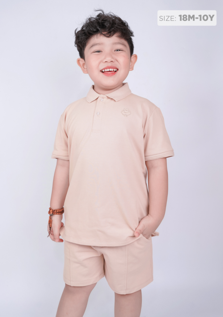 Set Polo Bé Trai Cổ Dệt Be Thêu Logo