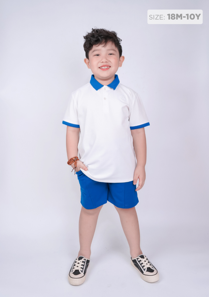 Set Polo Bé Trai Cổ Dệt Xanh Phối Trắng Thêu Logo