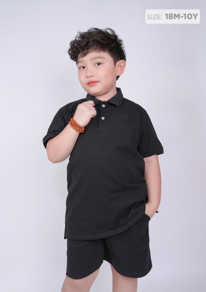Set Polo Bé Trai Cổ Dệt Đen Thêu Logo