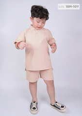 Set Polo Bé Trai Cổ Dệt Be Thêu Logo