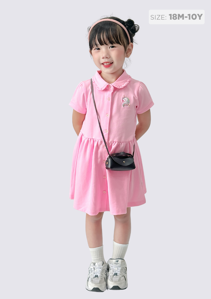 Đầm Polo Ngắn Tay Bé Gái Hồng Thêu Unicorn