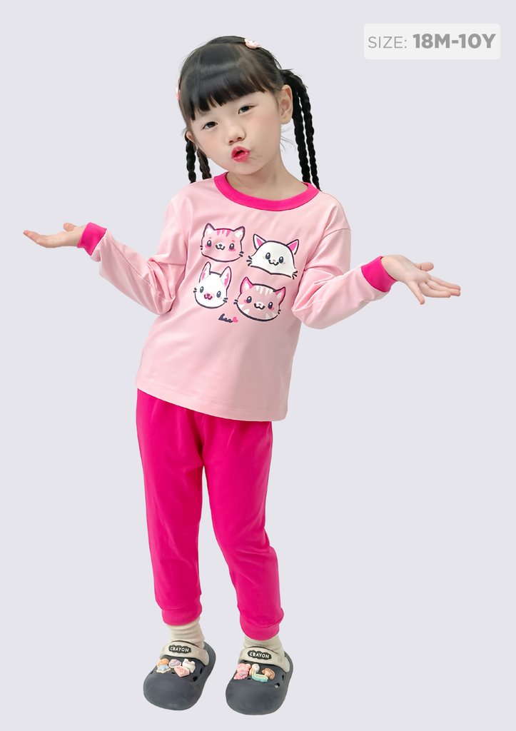 Đồ Bộ Dài Bé Gái Hồng Nhạt Phối Mèo Xinh