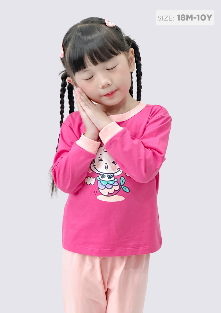 Đồ Bộ Dài Bé Gái Hồng Phối Mèo Mermaid