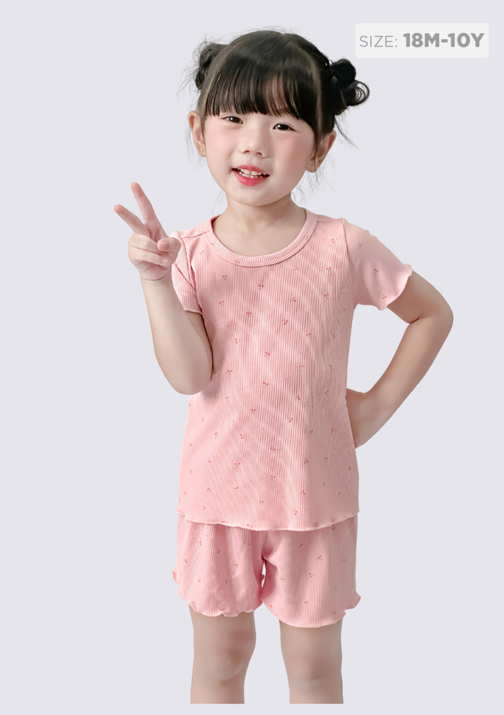 Đồ Bộ Ngắn Tay Bé Gái Thun Lạnh Gân Hồng Cherry