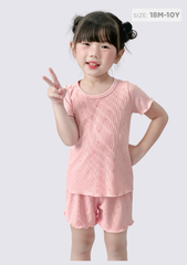 Đồ Bộ Ngắn Tay Bé Gái Thun Lạnh Gân Hồng Cherry