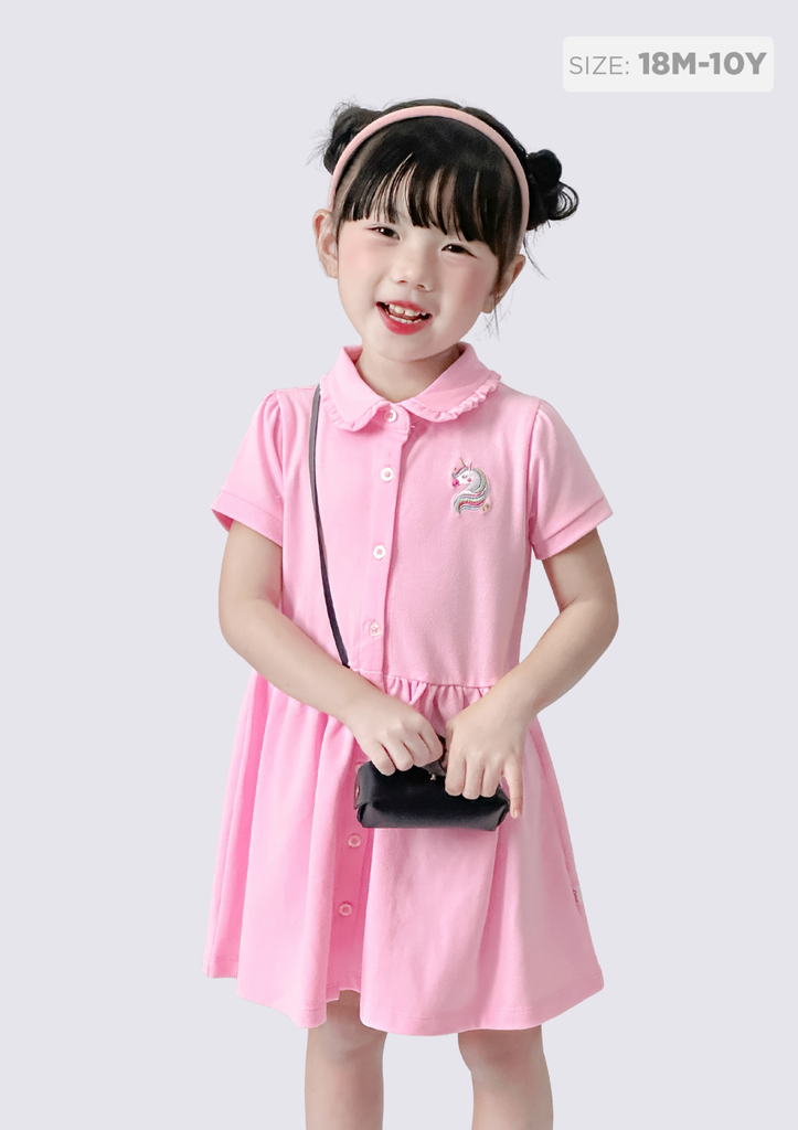Đầm Polo Ngắn Tay Bé Gái Hồng Thêu Unicorn