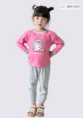 Đồ Bộ Dài Bé Gái Hồng Unicorn Phối Xám