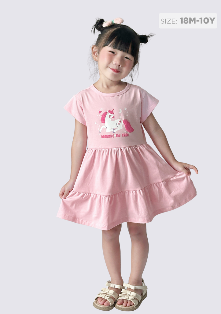 Đầm Thun Kiểu Hai Tầng Bé Gái Hồng Nhạt Unicorn