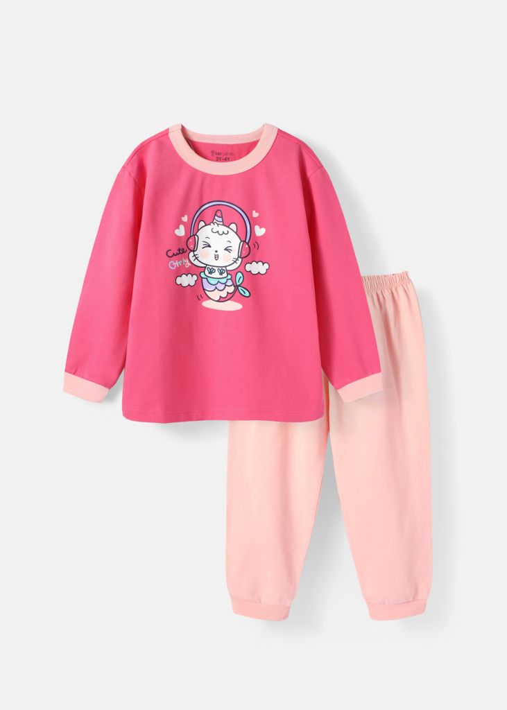 Đồ Bộ Dài Bé Gái Hồng Phối Mèo Mermaid