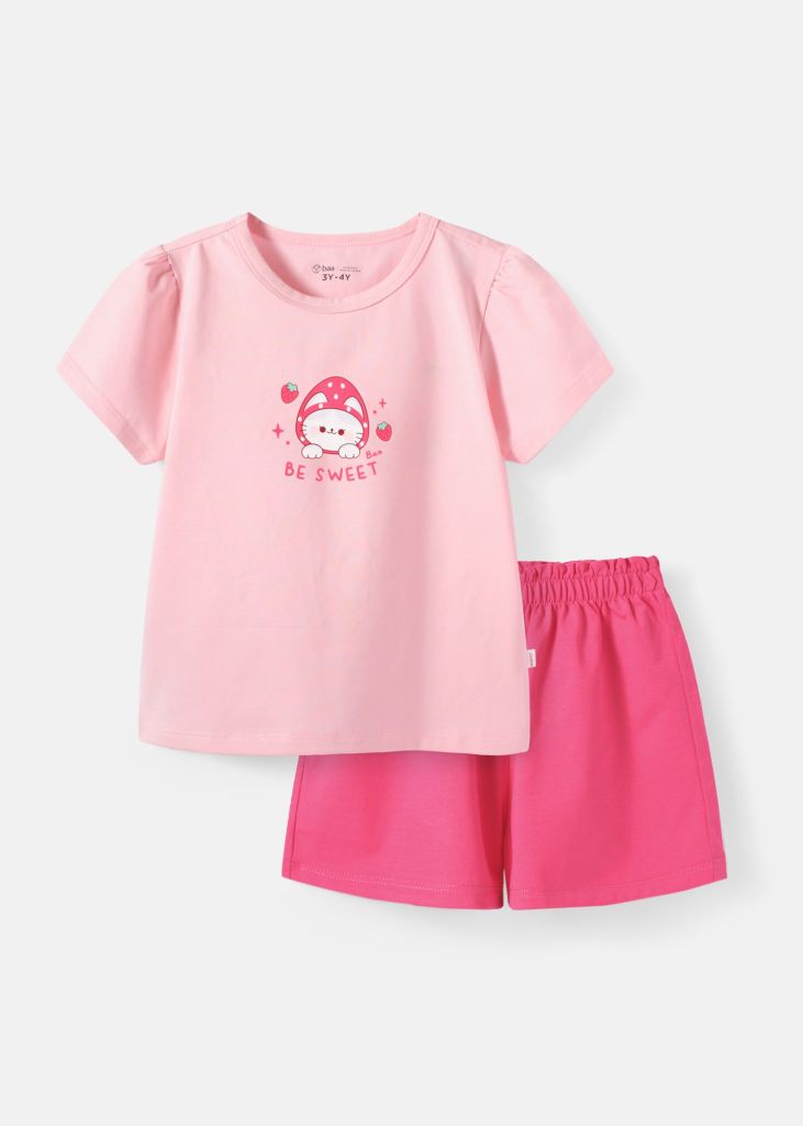 Đồ Bộ Ngắn Tay Bé Gái Hồng Dâu Be Sweet