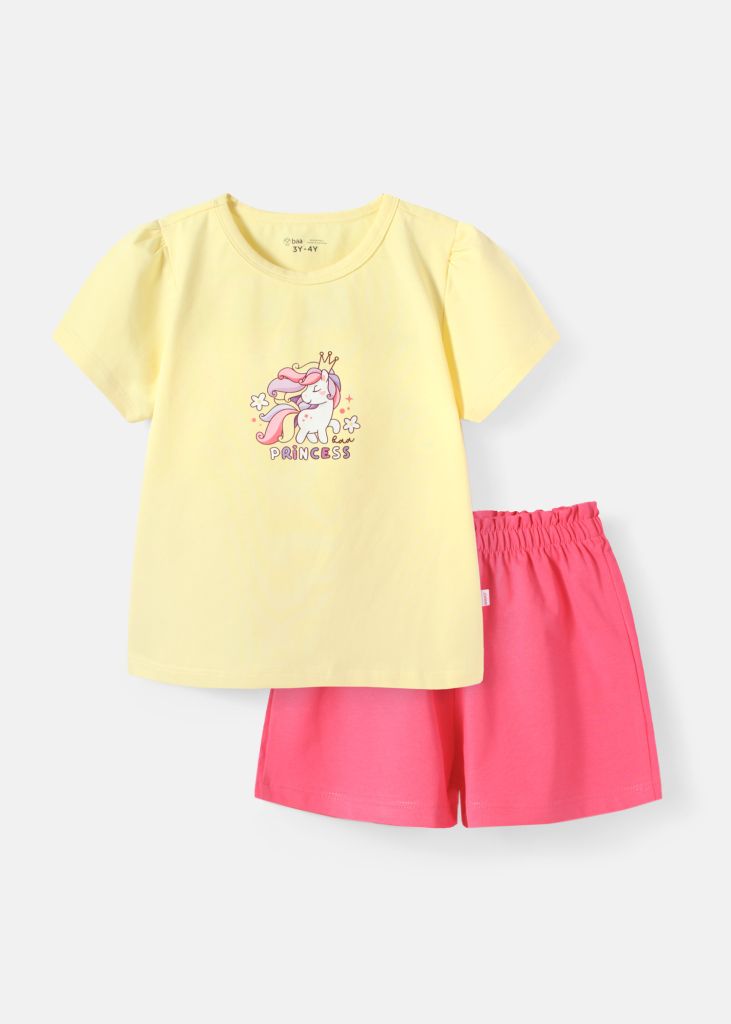 Đồ Bộ Ngắn Tay Bé Gái Vàng Unicorn Phối Hồng Dâu