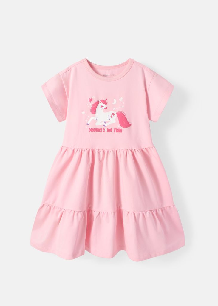 Đầm Thun Kiểu Hai Tầng Bé Gái Hồng Nhạt Unicorn