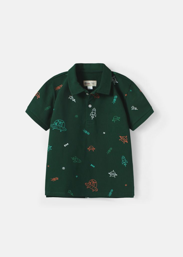 Áo Polo Ngắn Tay Bé Trai Xanh Lá Hoạ Tiết Vũ Trụ