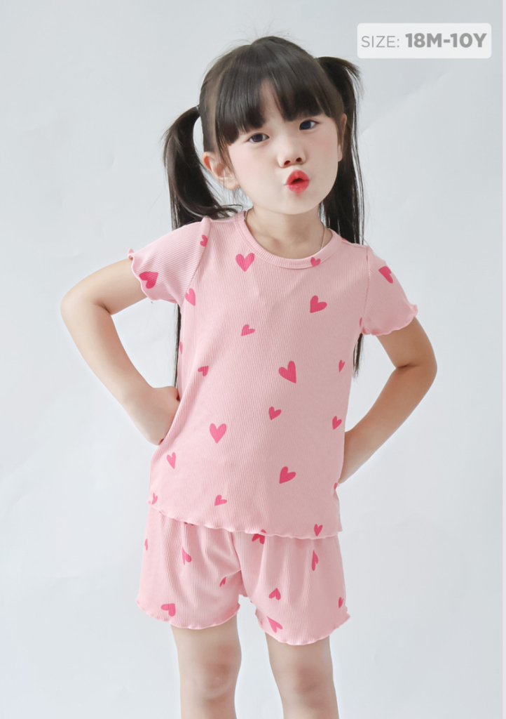 Đồ Bộ Ngắn Tay Bé Gái Thun Gân Hồng Trái Tim