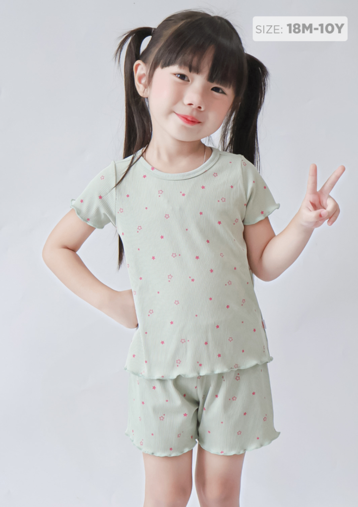 Đồ Bộ Ngắn Tay Bé Gái Thun Gân Xanh Nhạt Ngôi Sao