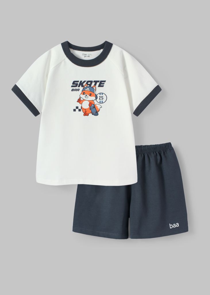 Đồ Bộ Ngắn Tay Bé Trai Trắng Skateboard Phối Xám Đậm